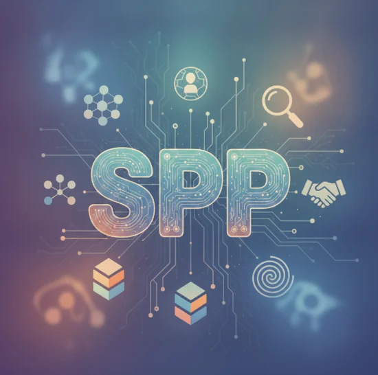Small Print Pal initials surrounded by connected symbols