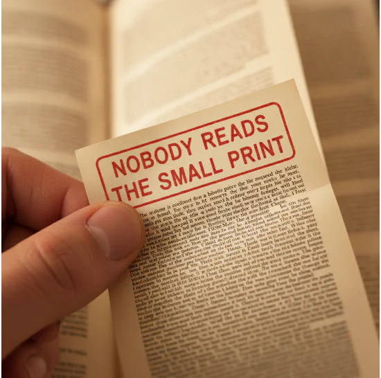 A hand holding a card stamped Nobody Reads the Small Print